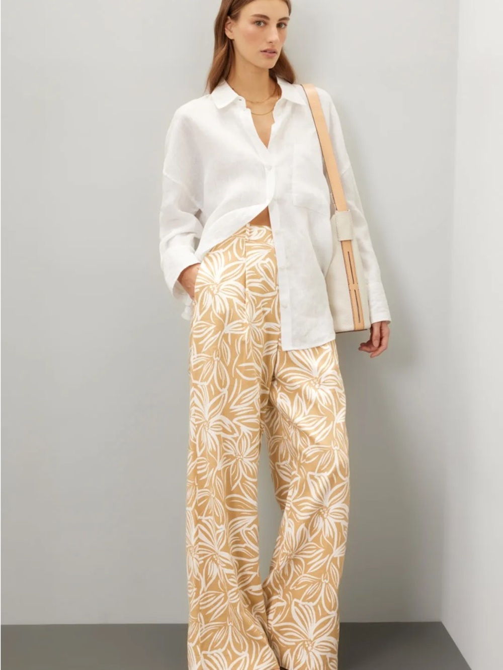 Wide-Leg Printed Palazzo Pants in Cream & Beige